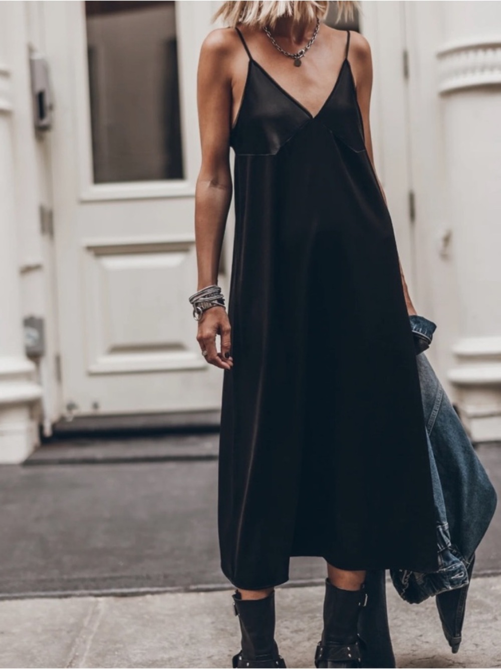 New Mikuta The Black Long Slip Maxi Dress Silk Large